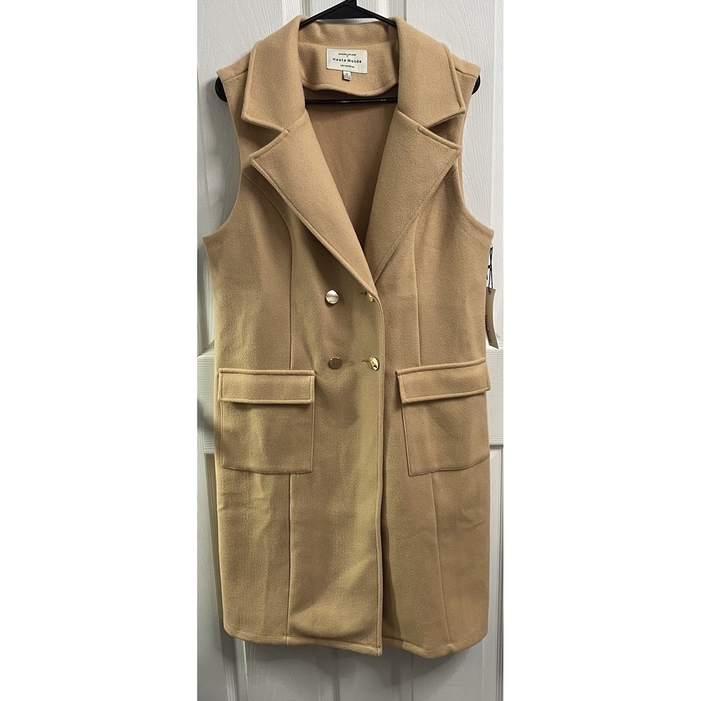 Haute Monde LA Women Longline Sleeveless Jacket Button Up Cozy Chic Camel Vest M
